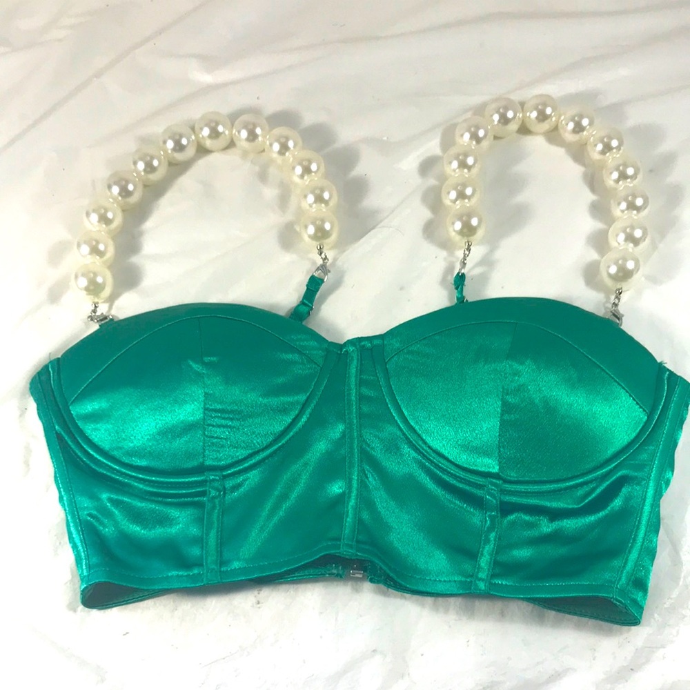 Woman’s Emerald Green Satin Zipper Bustier with Removable Pearl Straps